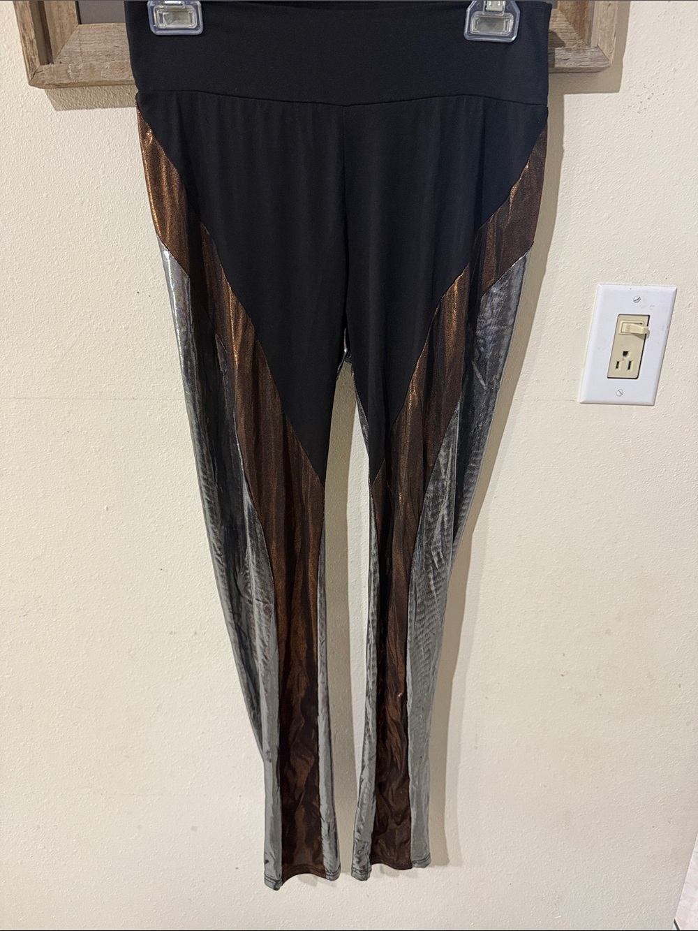 Fashion Nova Black Leggings with Sparkly Bronze and Silver Metallic Panels